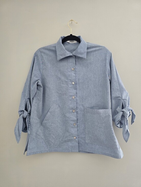 Tops - Vitamin Light Blue Minimilist Cotton Button Down Tie Sleeve Shirt Top M